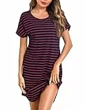 Litherday Nachthemd Damen Kurz Nachtwäsche Streifen Nachtkleid aus 95% Baumwolle Loungewear Negligee Kurze Ärmel Sleepshirt mit 2 Tasche, Dunkelblau+rot, L