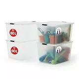 Iris Ohyama Aufbewahrungsboxen mit Deckel, 60L, 4er-Set, Silber, Sicherer Verschluss, Stapelbar, Griffe, für Schlafzimmer, Schrank, Büro, Organisation, BPA-freies Plastik, Ordnungsboxen, FTB-60