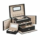 SONGMICS Schmuckkasten, Schmuckkästchen mit 2 Schubladen, abschließbarer Schmuck-Organizer mit Spiegel, herausnehmbare Reise-Box, für Ringe, Armbänder, Ohrringe, Samtfutter, schwarz JBC121B