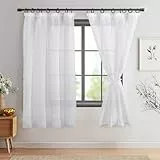 DWCN Voile Vorhänge mit Kräuselband Leinenoptik Transparente Gardine 2 Stücke Halbtransparent Vorhänge für Wohnzimmer, Durchsichtige Gardinen Kurz Weiß,160x140cm (Höhe x Breite)