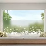 dktie Fensterfolie Blickdicht Sichtschutzfolie Fenster Milchglasfolie Gras, Löwenzahn Statische Aufkleber ohne Klebstoff Wiederverwendbar Geeignet für Wohnzimmer, Schlafzimmer, Küche 44.5x200cm