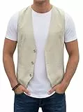 HISDERN Herren Anzugweste Anzug V-Ausschnitt Sommer Leinenweste Casual Hochzeit Elegant Westen Business Party Weste Beige L