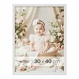 WOLTU Bilderrahmen 30x40, Fotorahmen aus Massivholz und PS-Platte, Holzrahmen mit Passepartout, zum vertikalen oder horizontalen Aufhängen/Aufstellen, Posterrahmen Collage Wanddeko, Weiß