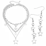 HDGSAFD 1 Halskette, 1 Paar Ohrringe, Sternförmiger Schmuck, Personalisierte Hohle Ohrringe, Retro-Mehrkettenhalskette, Gothic-Schmuckset, Bühnenparty-Schmuck.