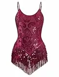 FYMNSI Damen Pailletten Latein Tanz Body Rave Outfit Ballettbody �rmellos Glitzer Gymnastikbody Quaste Bodysuit Damenbody Stringbody Trikot Leotard Overalls Turnanzug Ballettanzug Weinrot S