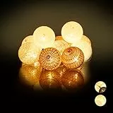 Relaxdays LED Lichterkette mit 10 Baumwollkugeln, batteriebetrieben, Stimmungslichter, Kugeln 6 cm Ø, weiß-grau-braun