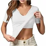 UHouse Tshirt Damen V Ausschnitt Shirt mit Integriertem BH Sommer Unterhemd Kurzarm Sport Top Basic T-Shirt Gerippt Sportshirt Einfarbig Sommershirt Leicht Und Luftig Laufshirt Lässig Oberteile Weiß L
