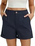 Belle Poque Damen Musselin Kurze Hose Sommer Bermuda Hose Stretchy Gerades Bein Lässige Freizeit High Waist Shorts mit Taschen Marine L