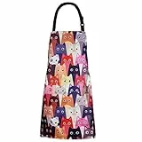 XIEJINJIA Verstellbare Schürze Wasserfest Canvas Kochschürze mit 2 Tasche Lange Bänder für Küche Kochen Backen (Mehrfarbigen Katzenmuster)
