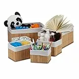 Relaxdays Aufbewahrungskorb 6er Set, mit Stoffbezug, Bambus, rechteckig, Bad, Accessoires, dekorativer Organizer, natur
