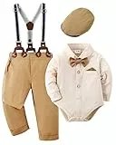 Amisssz Baby Jungen Gentleman Anzug, 4tlg Kinder Hochzeit Festlich Taufe Strampler mit Bowtie Hemden + Hosenträger Overalls Beige 12-18 Monate