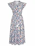 GRACE KARIN Damen Freizeit Sommer Midi Kleid mit flatternden Ärmeln fließend V-Ausschnitt Maxi Sonnenkleid mit Taschen hohe Taille fließendes Kleid Blau Weiß L