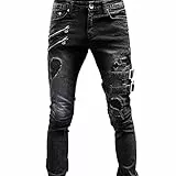Generisch Jeans Herren Regular Fit, Denimhose Mit Reißverschluss Und Leg Strap Jeanshose Zerrissene Used-Look Stretchjeans Einfarbig Lässig Motorrad Hosen Klassischer Vielseitiger Arbeitshose