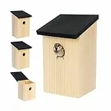 Relaxdays Nistkasten, 4er Set, Spatzen & Meisen, 32 mm Einflugloch, Dachklappe, Vogelhaus zum Aufhängen, Natur/schwarz