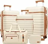 UKEIN Gepäck-Set, 3-teilig, Handgepäck, 50,8 cm, mit Spinnrollen, Polycarbonat, Hartschalenkoffer-Set mit TSA-Schloss, robuster Handgepäckkoffer mit Reiserucksack für Herren, Beige, 5 piece set