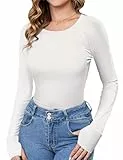 Crewhpo Langarmshirt Damen Rundhals Basic Oberteile Langarm T-Shirt Einfarbig Unterziehshirt Slim Fit Unterhemd mit Daumenloch