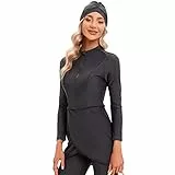 IBTOM CASTLE Muslimische Burkini Damen, Ganzkörper Badeanzug, Hijab Modest Muslim Swimwear Langarm Top+Hosen+Hijab 3 Stücke Set Dunkelgrau S
