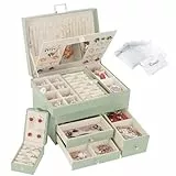 Casiwaft Schmuckkästchen, 3 Ebenen großer PU Leder Reise Schmuckschatulle mit tragbarer Mini-Box für Reisen, Schmuckbox mit Spiegel für Halsketten, Ohrringe, Ringe, Uhren, Avocadogrün