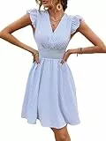 SweatyRocks Damen Kleid Kurz Sommerkleid V Ausschnitt Streifen Muster Shortskleid A Linie Freizeitkleid Casual Damenkleider mit Volant Ärmel Hellblau S