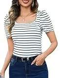 Aottori Basic Streifen Shirt Damen Kurzarm T-Shirt mit Eckigem Ausschnitt Sommer Oberteile Elegant Slim Fit Kurzarmshirt Eng Tops Tee Shirts Weiß XL