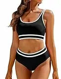 AI'MAGE Bikini Damen Set Badeanzug Bauchweg Sport Bikini-Sets High Waist Bademode Push Up Gerippt, Schwarz L