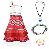 AUYAO Kinder Moana Prinzessin Mädchen Kostüm 4 Pcs Vaiana Sommer Kleid Verkleidung mit Zubehör Blumenkrone Halskette Blumenclip Girls Princess Kostüm Verkleidung Karneval Halloween Geburtstag (120cm)