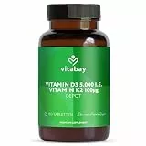 Vitabay Vitamin D3 + K2 Depot – 180 vegane Tabletten – hochdosiert – 5000 IE Premium Vitamin D3 mit K2-MK7 All-Trans – ohne Zusätze – vegan & laborgeprüft in Deutschland – Vorrat für über 18 Monate