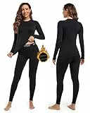Hyeek Thermounterwäsche Damen, Warme Funktionsunterwäsche Skiunterwäsche Set Frauen mit Innenfleece - Ultraweich Winter Lange Thermo Ski Unterwäsche Set für Joggen, Skifahren,Radfahren (Schwarz, XL)
