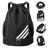 Wihozte Mode Sport Rucksäcke, Turnbeutel mit Kordelzug, Sportrucksack mit Schuhfach & Wasserflaschen-Netztaschen, Wasserdicht für Erwachsene Jugend, Sport und Reisen, 43 x 34 x 15 cm - Schwarz