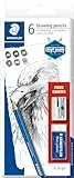 STAEDTLER 61 100 C6 Zeichenbleistift Mars Lumograph (Sechskantform, unglaublich bruchfeste Premium-Bleistifte, Made in Germany) Set mit 6 Zeichenbleistiften, 1 Radierer und 1 Metallspitzer
