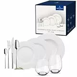 Villeroy und Boch - Wonderful World White 4 Friends Tafel Set, 36 tlg. Service für Feste, Premium Porzellan, weiß, 18/10 Edelstahl, Kristallglas