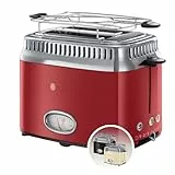 Russell Hobbs Toaster [für 2 Scheiben] Retro Edelstahl Rot (Countdown-Anzeige im Retrodesign, inkl. Brötchenaufsatz, 6 Bräunungsstufen + Auftau- & Aufwärmfunktion, 1300W) Vintage 21680-56