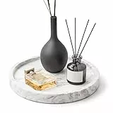 WORHE Tablett aus natürlichem Marmor für Badezimmer, Tablett klein,Runde Schminktabletts für Schmuck, Parfüm, Kerzen, Aufbewahrungs-Organizer für die Arbeitsplatte als Heimdekoration,Weiß,TP601