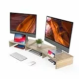FITUEYES Dual Monitor Ständer Holz Drehbar Länge Verstellbar mit Halteschlitz für Smartphones Tablet PC Laptop Computer Bildschirm Riser 79-111,2x27x10,6cm Eiche