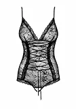 Obsessive Schicker Figurbetonender Ouvert-Body aus Edler Spitze mit Satin-Schnürung in toller Geschenkbox, Schwarz, Large / X-Large