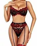 RSLOVE Dessous Sets für Damen - Unterwäsche Frauen Sexy Set BH Set Damen Sexy Strapsen Dessous Set 3 Pieces Schwarz Remix Rot M
