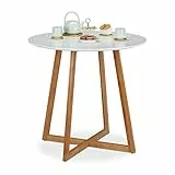 Relaxdays Esstisch rund, skandinavisch, Kreuzbeine, 2 Personen, aus Bambus & MDF, Küchentisch, HxD 75x80 cm, weiß/natur