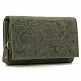 ekavale Damen Leder-Geldbörse mit Blumenmotiv und RFID-Blockierung, Portemonnaie Langformat mit Druckknopfverschluss (Grün)
