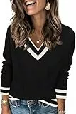 Saodimallsu Damen Pullover Langarm V-Ausschnitt Strickpullover Leicht Gestreifte Strick Tops Lässig Basic Pulli Herbst Winter Oberteile Schwarz XL