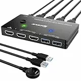 KVM Switch 8K@60Hz 4K@120Hz, ESKEVE HDMI KVM Switch für 2 Computer, die sich 1 Monitore und 3 USB3.0-Geräte teilen, kabelgebundene Fernbedienung und USB-Kabel im Lieferumfang enthalten