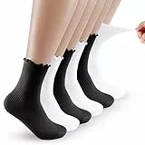 Maxmoc 6 Paar Rüschen Socken, Baumwolle Socken mit Rüschen Damen, Mittelhoch Rüschensocken Weiche Atmungsaktive Strick, 36-42 (DE/NL/SE/PL, Numerisch, 36, 42, Regular, Regular, weiß+schwarz)