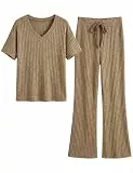 UMIPUBO Schlafanzug Damen Pyjamas Nachtwäsche Set Zweiteiler Sommer Elegant 2-Teilig Loungewear Lang Elastischer Pyjamahose und Shirt Leichter Hausanzug (Khaki, L)