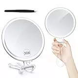MIYADIVA Make-up Spiegel mit 30X Vergrößerung, doppelseitig (1X/30X), Handspiegel mit Griff – Kosmetikspiegel für Reise, Augenbrauen zupfen & Make-up
