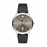 Emporio Armani Uhr für Herren, DreizeigerDatumswerk, 43mm Silbernes Edelstahlgehäuse mit Lederarmband, AR11277, Braun