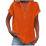 KOG Damen T-Shirt Retro Leinenbluse Shirt Sommer Kurzarm Tee T-Shirt Blusenshirt Fashion Top Teenager Rundhals Tshirt Orange XXL