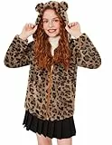Arshiner Mädchen Sherpa-Fleecejacke mit Kapuze Reißverschluss Kinder Langarm Fleece Kapuzenpullover Herbst Winter Leopard Kindermäntel Warm Outdoor Jacke 140/9-10 Jahre