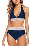 Aidotop Damen Bikini Set Bademode Bauchkontrolle Hohe Taille Bikini Sets Hohe Taille V Ausschnitt Verstellbar Zweiteiliger Badeanzug Swimsuit（2Navy Blue，M）