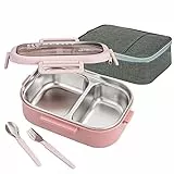 Lille Home Bento-Lunchbox aus Edelstahl mit 2 Fächern, auslaufsicher, 850 ml, Lebensmittelbehälter mit Portionskontrolle, mit Lunchtasche und Besteckset, BPA-frei