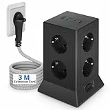 8 Fach Steckdosenleiste mit 4 USB C,Mehrfachsteckdose Überspannungsschutz, Steckdosenadapter, Steckdosenturm mit Schalter, Stromverteiler mit 3m Kabel für Büro und Heim, Schwarz