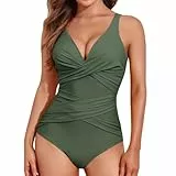 DecorDwell Badeanzug Damen Bauchweg Schwimmanzug Bademode Sportbadeanzüge für Damen Sexy Einteilige Badeanzug mit Breite Schultergurte Cups (L, Grün)